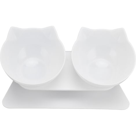 Gamelle double inclinée à 15° pour chat avec protection du cou, idéale pour la maison, les animaleries et le salon (base blanche, gamelle blanche). (1/5)