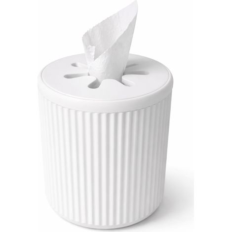 Scatola di fazzoletti bianca con rotolo di carta e organizer scanalato.
