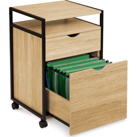 Idmarket – Caisson de bureau support imprimante 43x40x65 cm – 2 tiroirs avec dossier suspendu – Plateau en bois pour imprimante – Design industriel