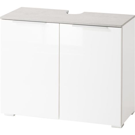 Sotto lavello da bagno bianco lucido e cemento h 58 cm con 2 ante in legno (1/5)