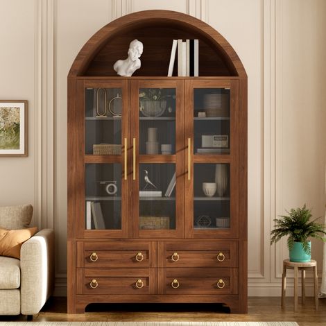 Vetrina 110x40x185 cm in PB e MDF noce, 3 ante vetrate, contenitore - MEUBLIV (1/5)