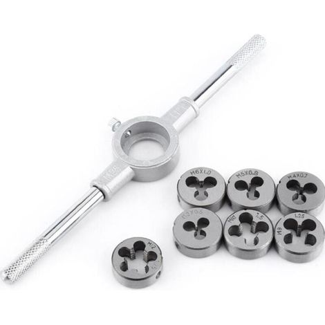 Coffret tarauds et filières Ensemble de 8 matrices métriques - Matrice à vis et support de clé à molette avec matrices M3-M12 Filetage et réenfilage Couper le traitement du filetage externe Trousse d' (1/4)