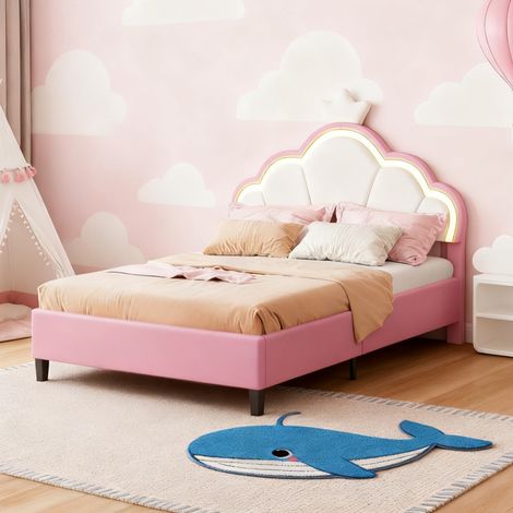 Letto 140 x 200 cm, letto principessa 140 x 200 con rete, giroletto, letto per bambini con LED, con testiera, rosa, velluto (1/5)