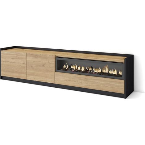 Skraut Home - Mueble TV, Televisión, 207x37x50cm, Para TV hasta 80", Chimenea eléctrica, Roble y negro (1/5)