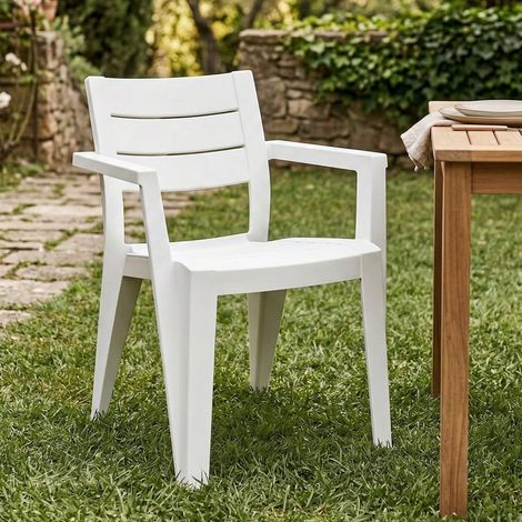 Dmora - Juego de 6 sillas de Jardín Courtenay, Silla de jardin, Asiento exterior multiusos, Banco de jardín, 62x59 h79 cm, Blanco (1/5)