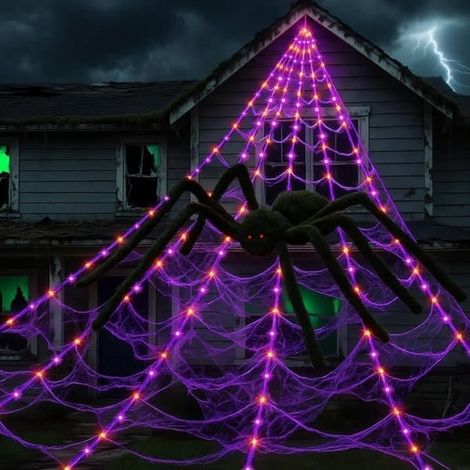 Décoration d'Halloween – Guirlande lumineuse LED en forme de toile d'araignée de 5 m avec 250 LED et une araignée noire pour la maison et le jardin (1/5)