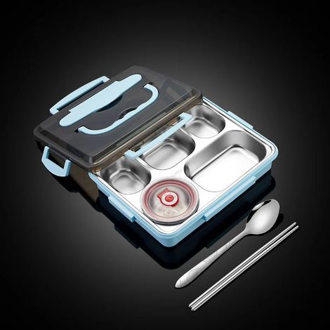 Boîte à lunch étudiante en acier inoxydable 304 (bleue), compatible micro-ondes, compartiment isotherme portable, récipient alimentaire (1/5)