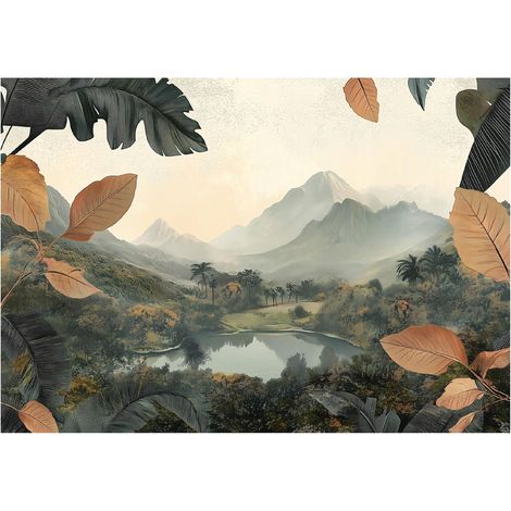 Papier peint intissé avec des montagnes colorées, un lac et une forêt - 250x175cm - Fliselina - Montage Facile (1/4)