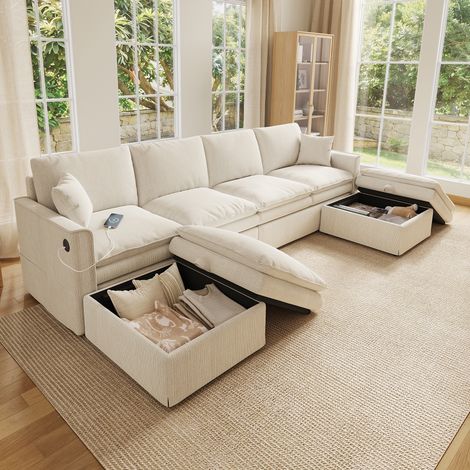 Canapé d’angle modulable 4 places 277 x 135 x 80 cm en U/L avec 2 poufs coffre mobiles et 2 coussins, coton et lin, Beige (1/5)