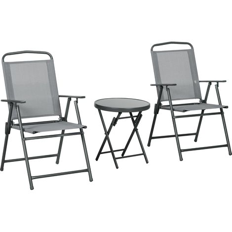 Gartenmöbel Bistro Set klappbar mit 1 Tisch und 2 Stühlen, langlebig aus Stahl und Mesh, 53,5 x 64 x 93 cm, hellgrau für Balkon & Terrasse
