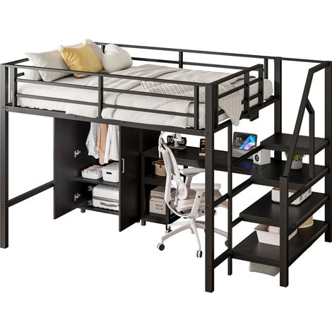 Lit mezzanine 140 x 200 cm avec armoire, étagères, bureau intégré et échelle de rangement, structure métal et MDF, sans matelas, noir pour chambre enfant CHICFURN (1/5)