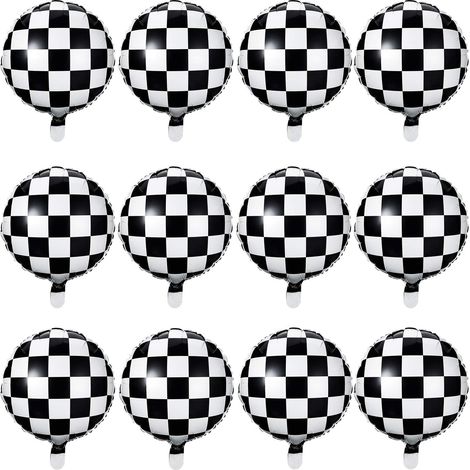 Ballon à damier en aluminium noir et blanc, 45 cm (18 pouces) - Décoration pour fête sur le thème de la course automobile (12 pièces)