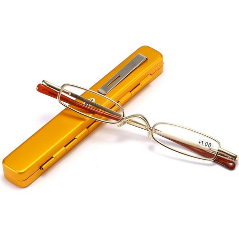 (Gold, +1,5) Mini-Lesebrille aus Metall, kleine und tragbare Lesebrille mit Federscharnier, dünnes Aluminium