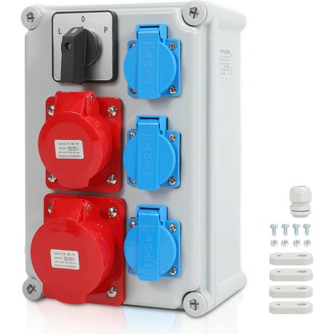 Jiubiaz Stromverteiler Wandverteiler mit L-0-P Nockenschalter und MCB,5 Polig Baustromverteiler mit 3xSchuko-Steckdose und CEE-Steckdose 16/32A Stromverteiler für Innen und Außen