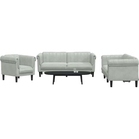 Ensemble de canapés 3 pièces en velours gris clair, fauteuil et canapés 2 et 3 places - PANGIVO (1/5)