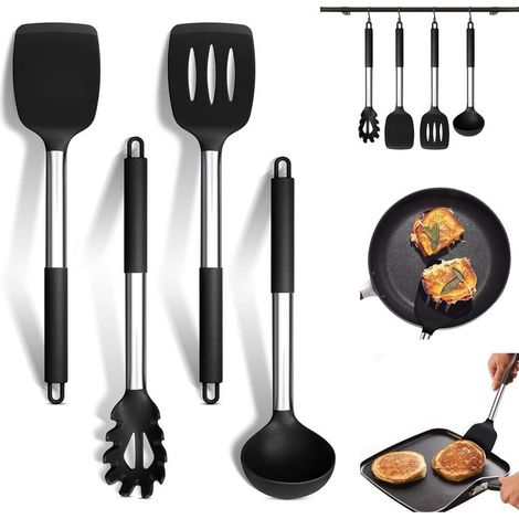 Silikon-Küchenhelfer-Set, 4-teilig, mit Edelstahlgriff, antihaftbeschichtet, hitzebeständig, zum Kochen, Wenden, Servieren, für Spaghetti, Suppen und Soßen (Schwarz) (1/5)