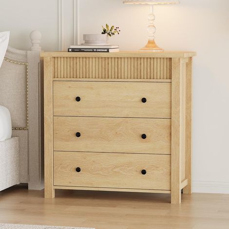 Commode à 3 Tiroirs pour Chambre, Commode en Bois, Table d'Appoint Cannelée en Bois, Meuble De Rangement pour Salon, Couloir, Entrée, 80x40x82 cm (1/5)