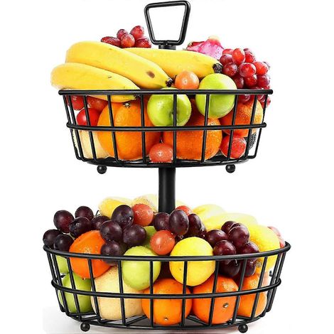 Corbeille à fruits en métal à 2 niveaux, coupe à fruits, corbeille à pain, étagère à fruits amovible, grand panier à fruits, organisateur, rangement de cuisine (1/5)