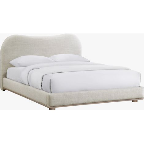 NALY Lit double en tissu beige et bois clair 160x200 cm (1/5)
