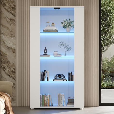 Vitrina con 2 puertas de cristal, 4 estantes e iluminación LED regulable – diseño moderno para salón, blanca, 80×36×150 cm (1/5)