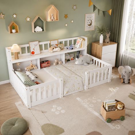 Lit enfants sur pied 90×200 cm, barrières de sécurité et entrée, lit simple, bibliothèque intégrée, espace de rangement, cadre de lit 90×200, style moderne, sommier à lattes, lit ados, Bois, Blanc (1/5)