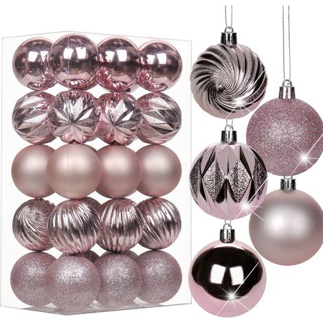 Lot de 30 boules de Noël 6cm plastique avec crochet, ornements suspendus incassables, décoration sapin, maison, mariage, fêtes, anniversaires, Halloween, couleur Rose (1/5)