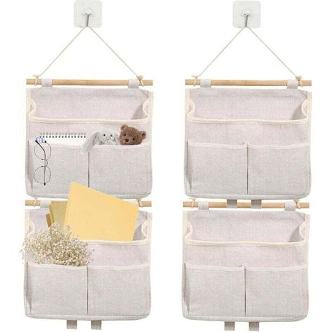Set di 4 organizer da appendere - Borsa portaoggetti da appendere - Tessuto di lino - Con 4 ganci - Organizer da parete pieghevole (crema) - Crezuo