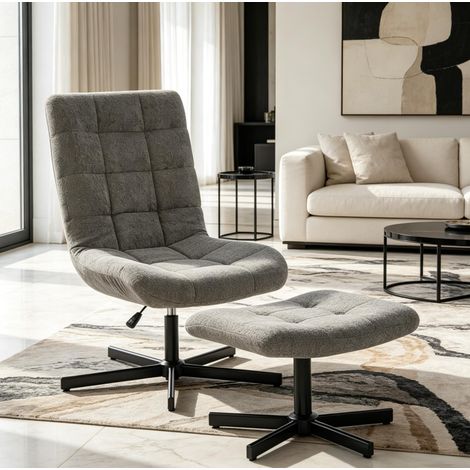 Poltrona relax girevole con poggiapiedi, altezza regolabile, schienale reclinabile, grigio HAVRYA (1/5)