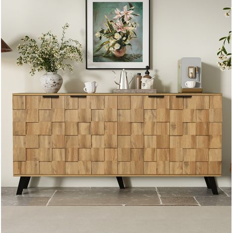 Anrichte aus Spanplatte in Holzfarbe, 160,5 x 35,5 x 78 cm, 4 Türen mit verstellbaren Einlegeböden (1/5)