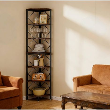 Étagère d'angle 7 niveaux en métal et bois, noire et marron, 107x41x16,5 cm, avec kit anti-basculement (1/5)