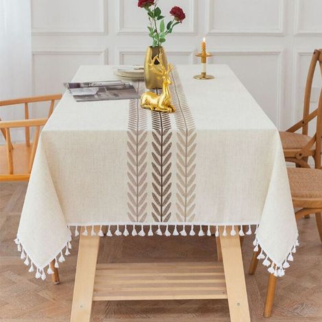 Nappe rectangulaire imperméable, mélange coton-lin, 140 x 180 cm, avec pompons