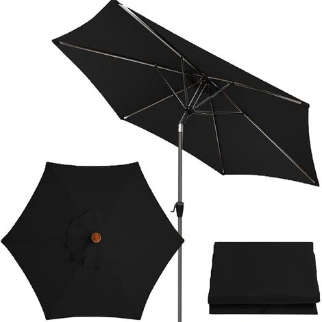 Toldo de repuesto para sombrilla de jardín, apto para mesas y sillas de exterior (solo lona), negro, 2,7 metros, 6 varillas. (1/5)