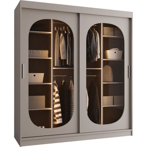 Armario Hartford 520, Cachemira, 200x180x62cm, Puertas de armario: Correderas, Número de estantes: 9, LED