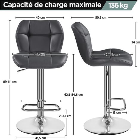 Yaheetech – Lot de 4 tabourets de bar réglables en hauteur – Similicuir et métal – Hauteur d'assise 62,5-84,5 cm – Capacité 136 kg – Gris