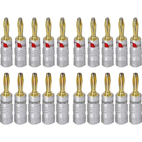 Nakamichi Lot de 20 fiches bananes, plaquées or 24 carats, 4 mm, HiFi, avec verrouillage à vis pour connecteurs audio jack haut-parleurs
