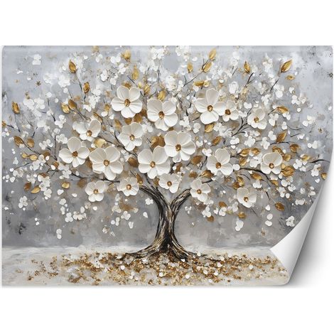 Fototapete Baum des Lebens Weiße Blütenblätter Vergoldet 100x70 cm