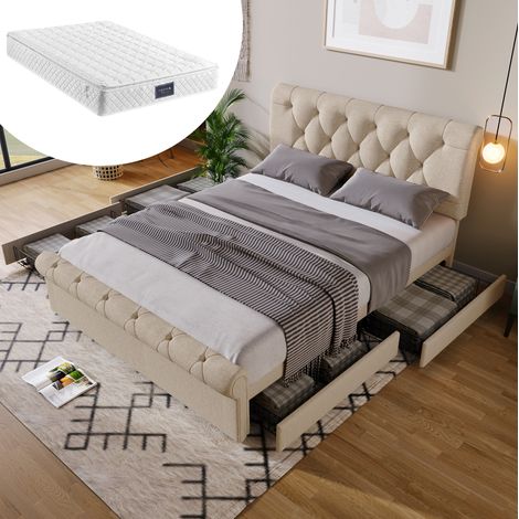 Cama matrimonio con 4 cajones y colchón 140x200 OKMYHOME (1/5)