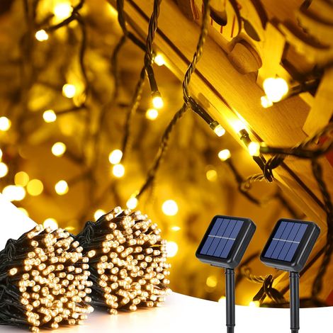 Guirlande lumineuse solaire, 2 guirlandes, 22 mètres, 200 LED, convient pour les jardins, les fêtes et les décorations de terrasse, lumière blanche chaude (1/5)