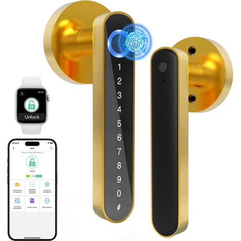 Smart Lock – Serrures de porte à empreintes digitales avec poignée, serrure de porte intelligente 5 en 1 avec clavier à empreintes digitales, clé Bluetooth, serrure à levier de porte (1/5)