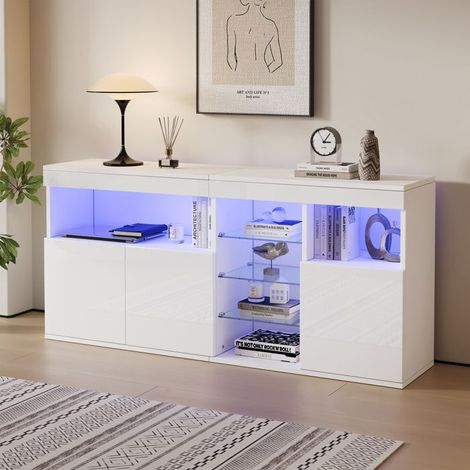 Buffet da cucina - 155,5 x 35 x 72 cm - 3 porte e 3 compartimenti vetrati - illuminazione LED - Mobile da pranzo (1/5)