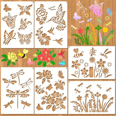 6 Pièces Grands Pochoirs Fleurs pour la Peinture sur les murs, Pochoirs Peinture Papillons pour Clôture en Extérieur, Artisanat, Décoration Murale en bois et toile pour la Maison, 21x29.5cm (1/5)