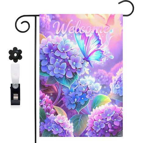 Drapeau de jardin bienvenue 30 x 45 cm motif hortensias et papillon stylisé toile double face durable (1/5)