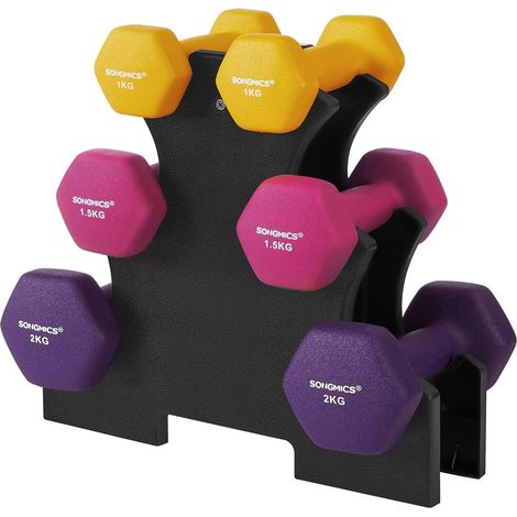 Set haltère, 3 Paires, 2 x 1 kg, 2 x 1,5 kg, 2 x 2 kg, Support de Rangement, revêtement en néoprène antiglisse, faunesse, Salle de Sport, Musculation, Jaune, Rose et Violet SYL609B02 (1/5)