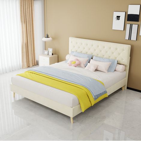 Letto 160x200 cm beige con contenitore sottoletto, struttura in legno, senza materasso MEUBLIV (1/5)