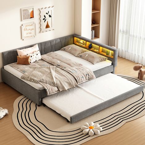 Cama nido extensible 140x200 cm con somier, USB y tipo C, luces LED multicolor y estantes en cabecero, tapizada en tela gris, ideal para dormitorio CHICFURN (1/5)