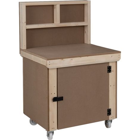 Wooden MDF Top Workbench With Lockable Cupboard (V.9) (H-90cm, D-70cm, L-90cm) with back panel and wheels