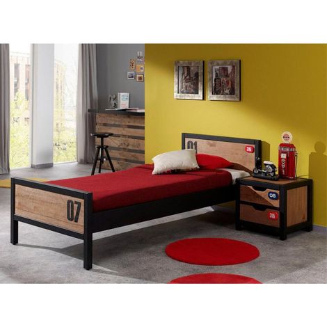 Pack - Lit Enfant, Sommier & Chevet "Alex" 90x200cm Marron & Noir (1/5)