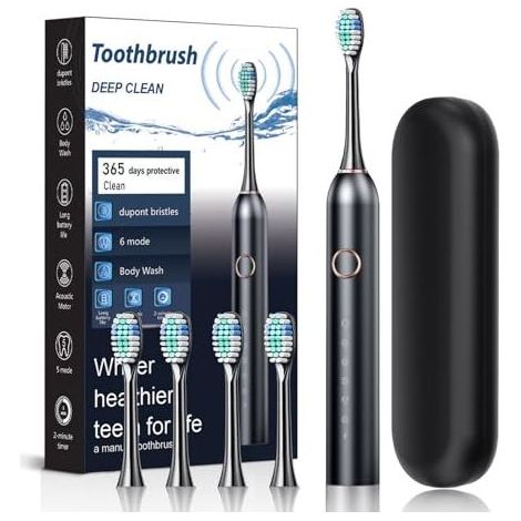 Brosse à Dent Électrique Soniques,Avec 4 Têtes de Brossage,6 Modes, Minuterie Intégrée de 2 Minutes,Rappel de 30 Secondes,Étui de Voyage Inclus,IPX7,Homme/Femme (Black) (1/5)