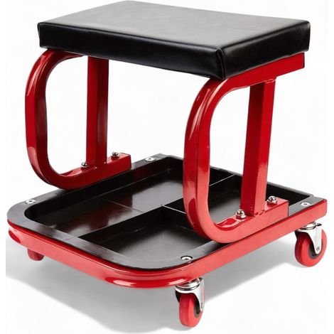 ORION91oficial® - Asiento Taller, Taburete, Trabajo Móvil Ruedas Bandeja Porta Herramientas Almacenaje, Taller mecánico 37,5 x 36 x 38,5 cm - Peso 3,6 kg ruedas giratorias 360° Rojo/Negro - SpazioLuzi