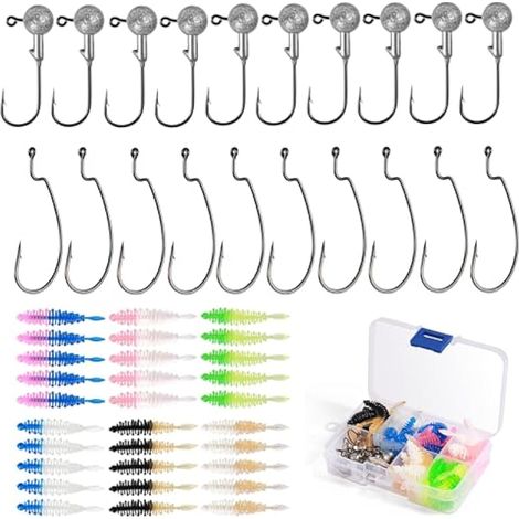 50 têtes de plomb avec hameçons décalés & leurres souples en caoutchouc, coffret inclus, leurres pour truite, poissons souches bicolores, leurres pour bar, pêche en eau douce et salée.